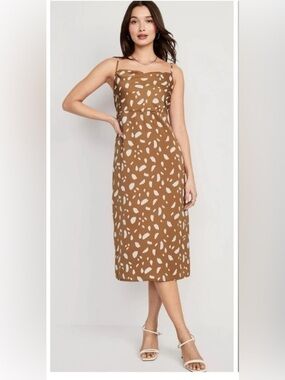 Old Navy Brown Cream Print Cowl Neck Satin Midi Slip Dress Size Medium
